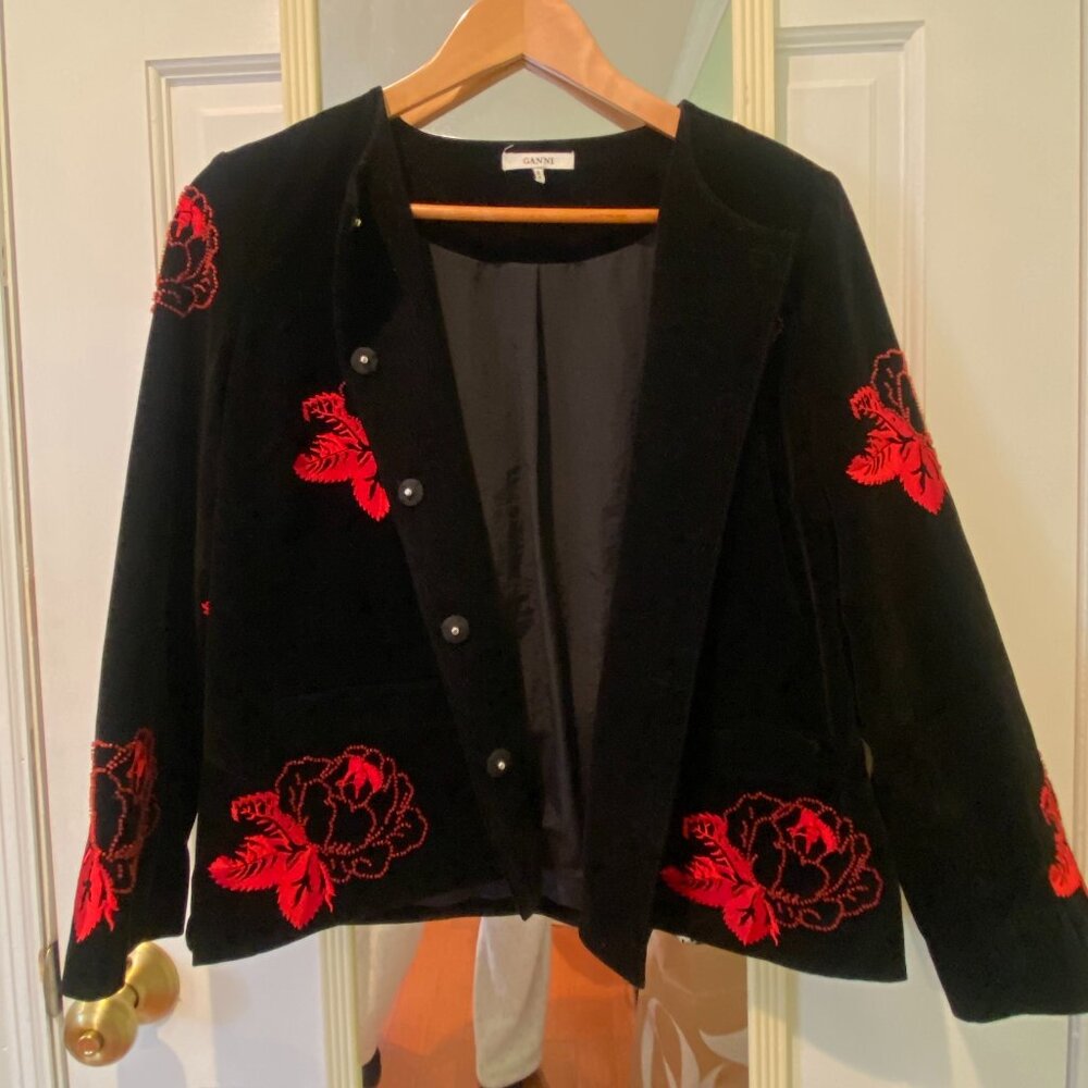 Vintage Ganni Velvet Beaded Flower Jacket (Small)